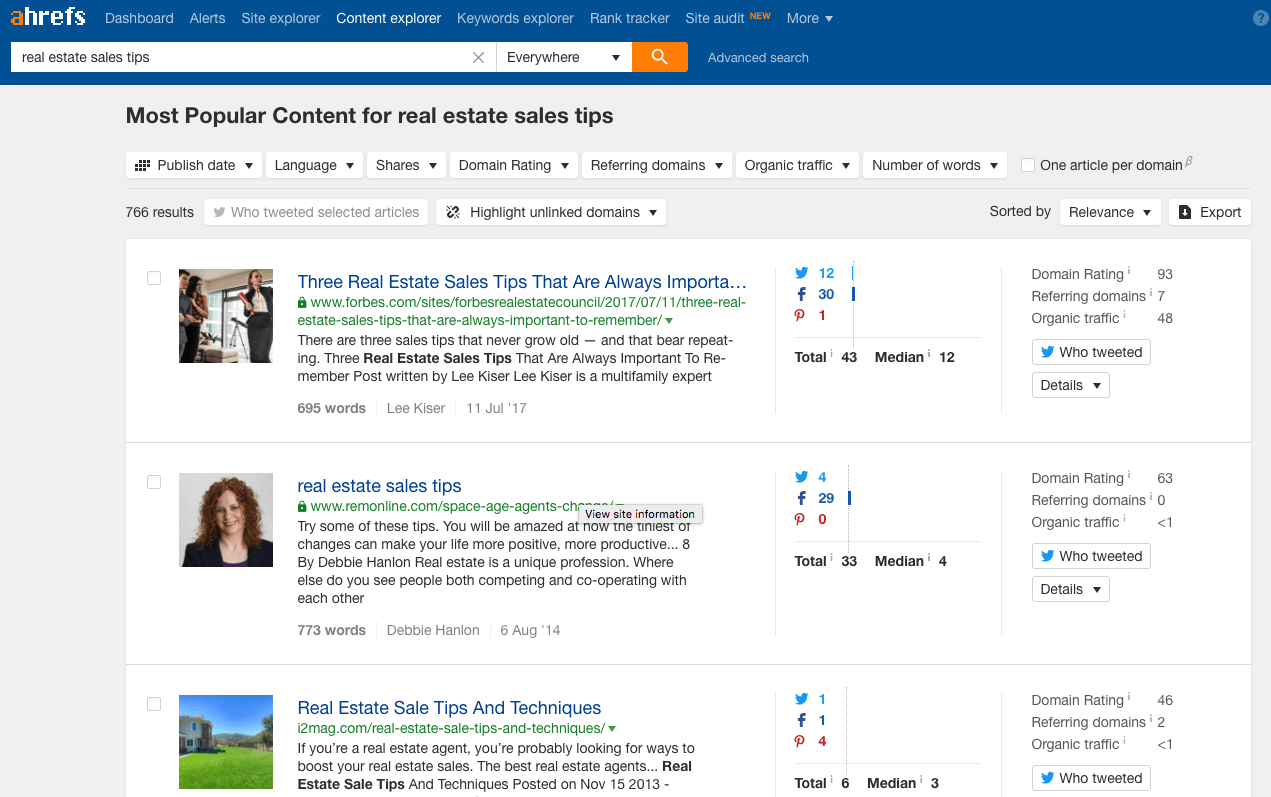 Ahrefs content explorer real estate